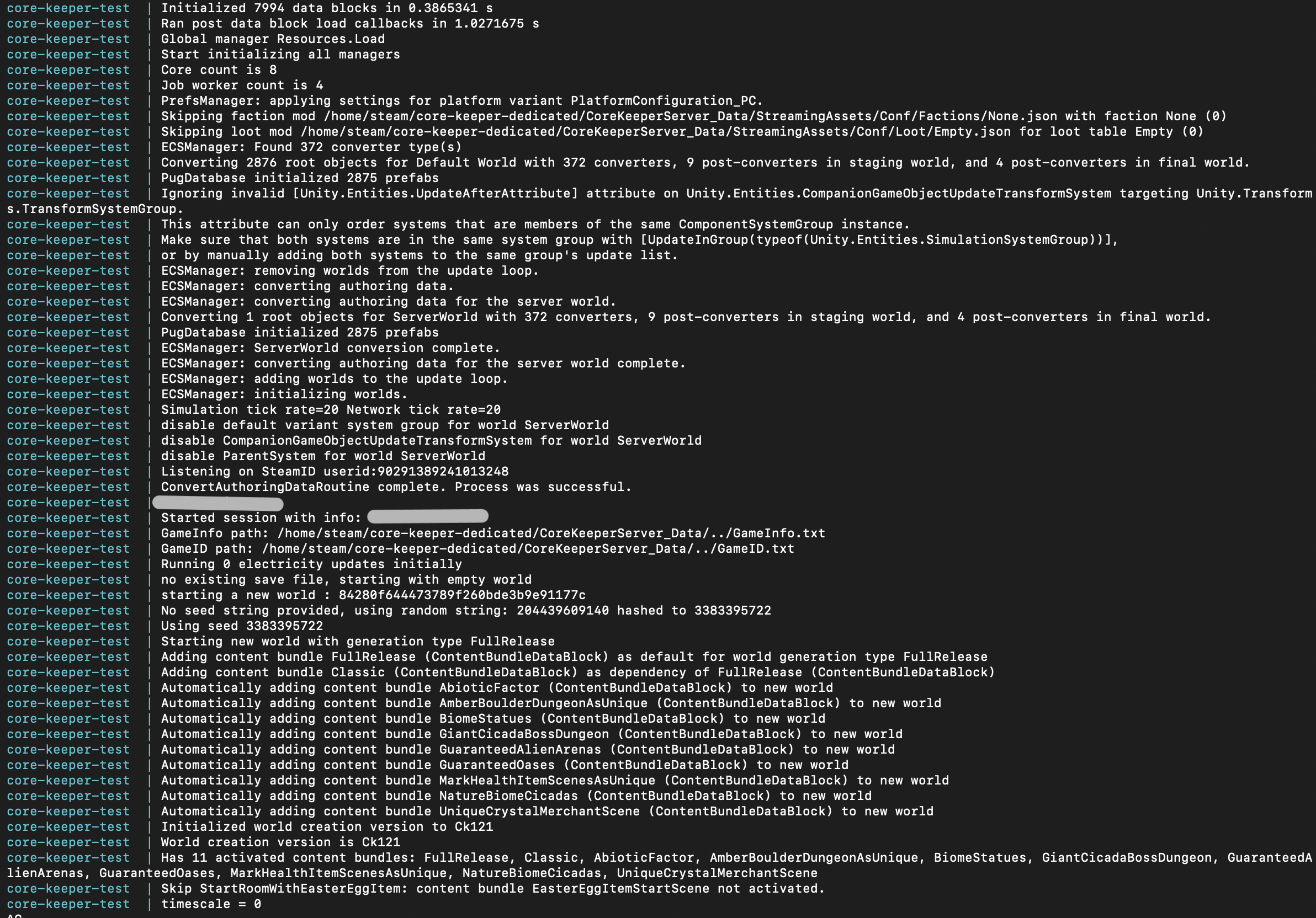環境変数を足したあとのARMでの起動ログ。Listening on SteamID のあとGame IDが発行される(IDはマスク)