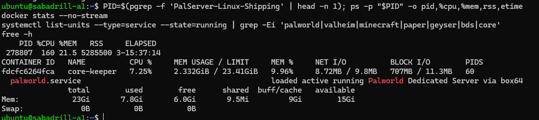 free -h と ps の実測。Palworld単体のRSSが約5.0GiB、ホストの空きは15GiB、スワップ0
