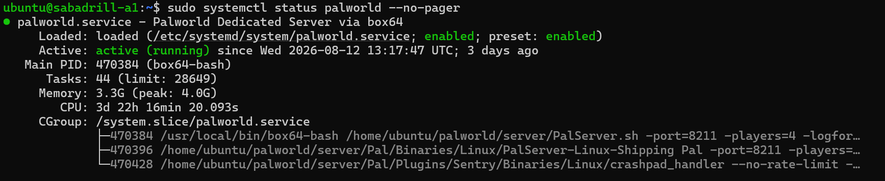 systemctl statusの出力。active (running)が緑で表示され、CGroupにPalServer-Linux-Shippingが並んでいる
